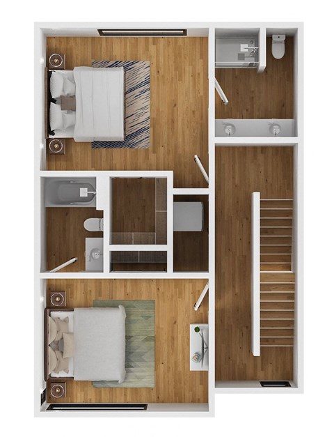 A top-down view of a small apartment with a bedroom, bathroom, and kitchen.